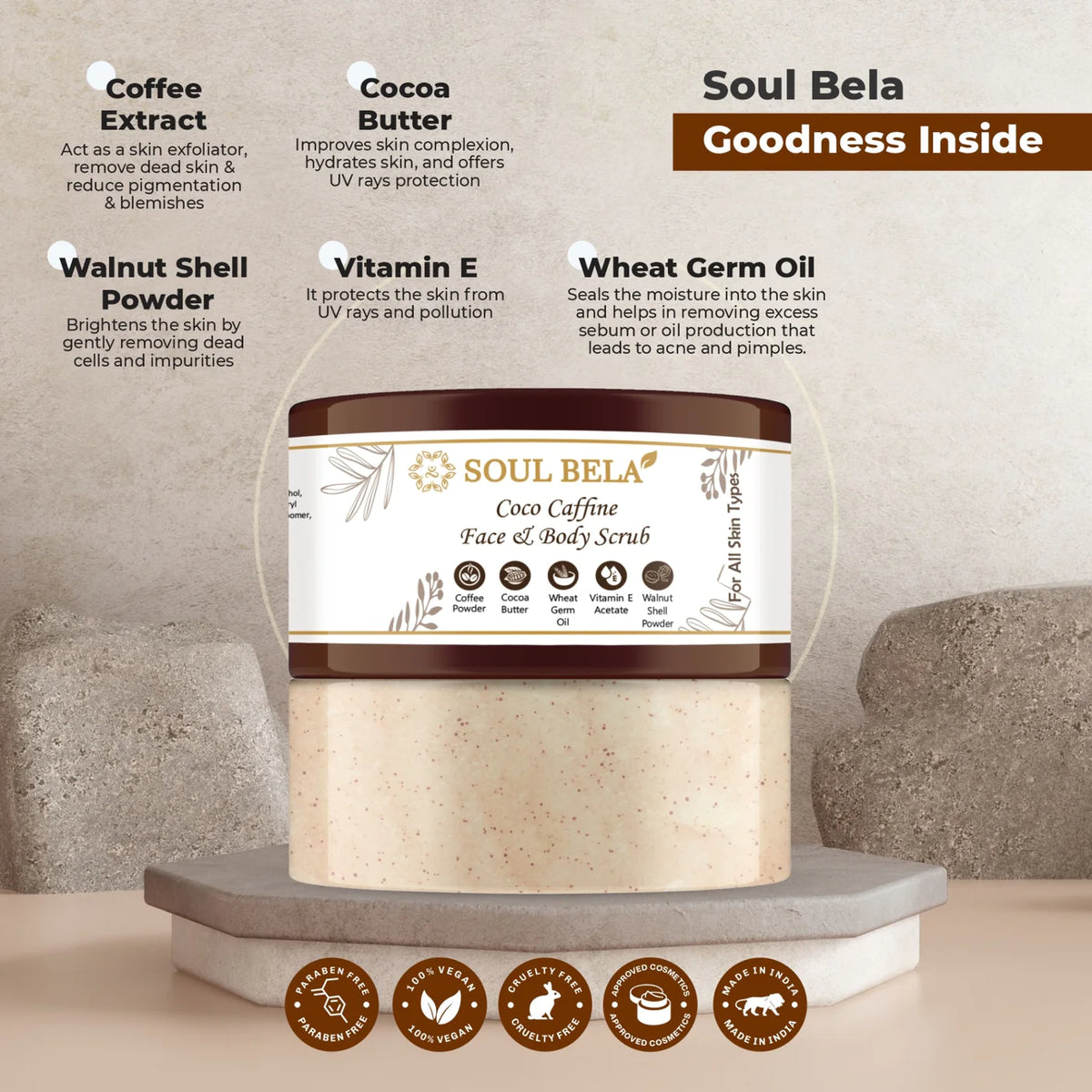 Soul Bela Coco Caffeine Face & Body Scrub & Salicylic & Tea Tree Face Cream