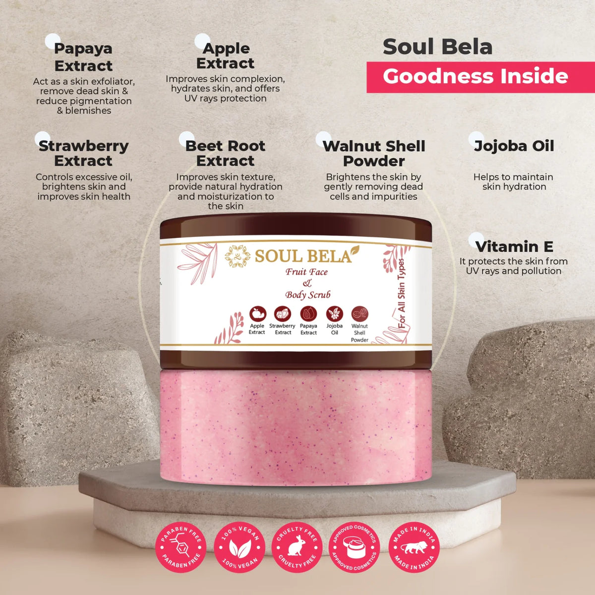 Soul Bela Fruit Face & Body Scrub & AHA BHA PHA & Beetroot Face Cream